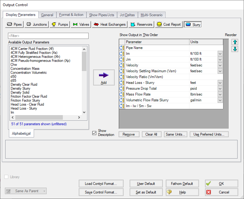 The slurry output parameters in the Output Control window.